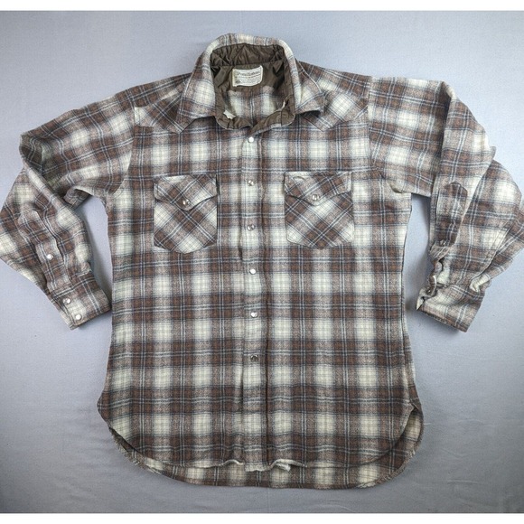 VTG Pendleton High Grade Western Wear Pearl Snap Shirt L Virgin Wool Plaid 70s - Picture 1 of 16